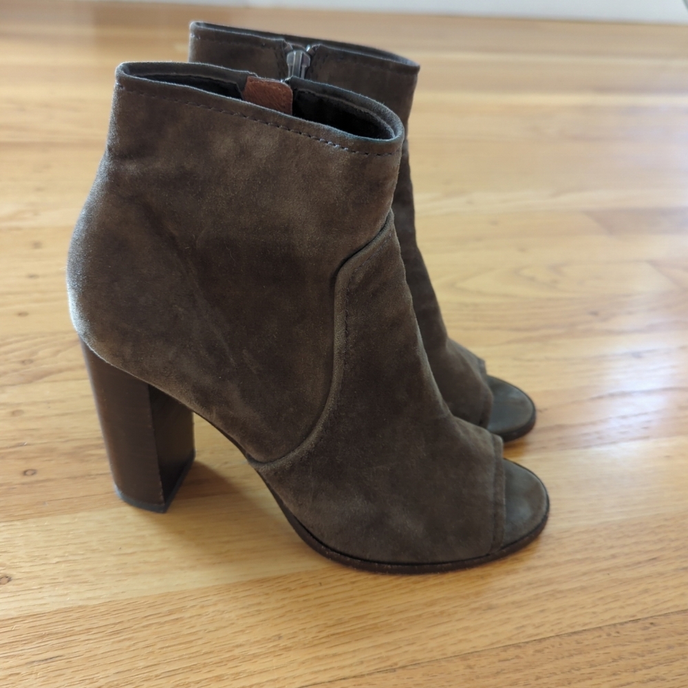 Frye Brown Peep Toe Bootie Black Suede Sz 9 Stack Heels